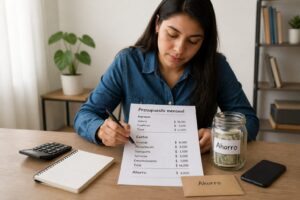 Young Hispanic woman reviewing a monthly budget paper and savings jar at a home desk